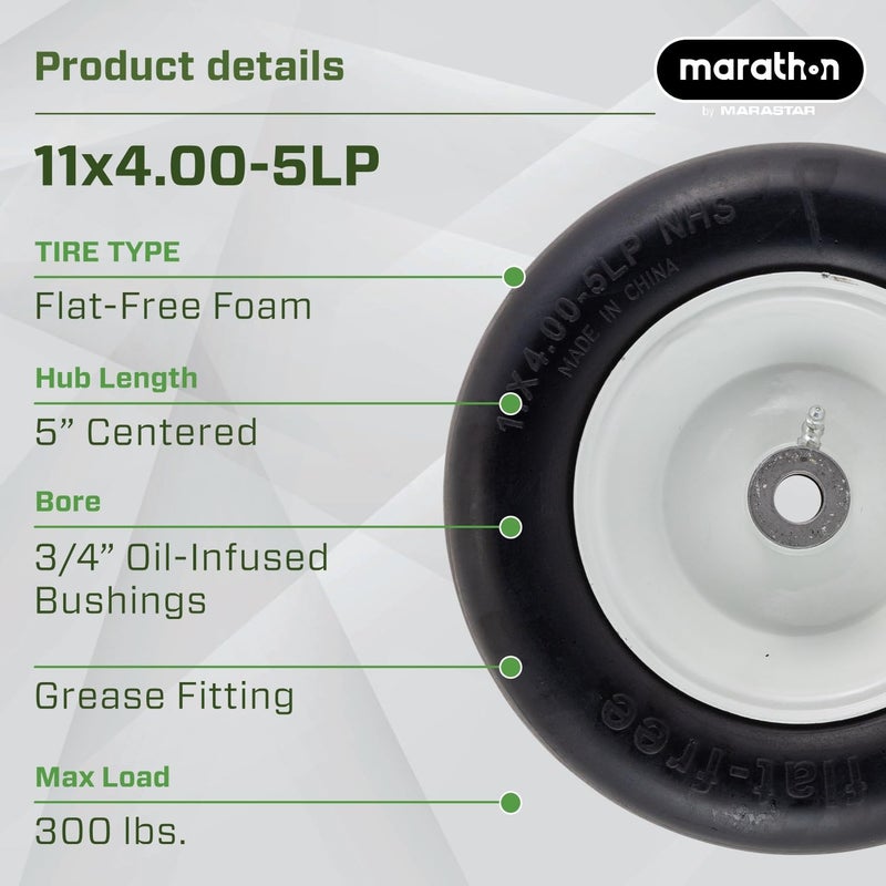 Marathon إطار جزازة العشب خالي من الهواء ماراثون 01410P 11x4.00 على العجلة، محور مركزي 5 إنش، محامل 3/4 إنش - Image 2